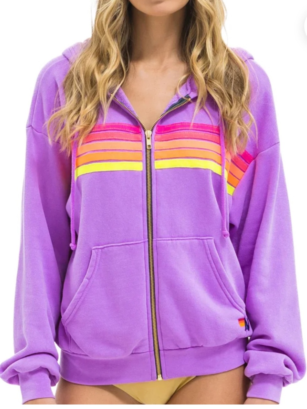 Aviator Nation 5 STRIPE ZIP HOODIE IN NEON PURPLE/NEON size large - Picture 4 of 5